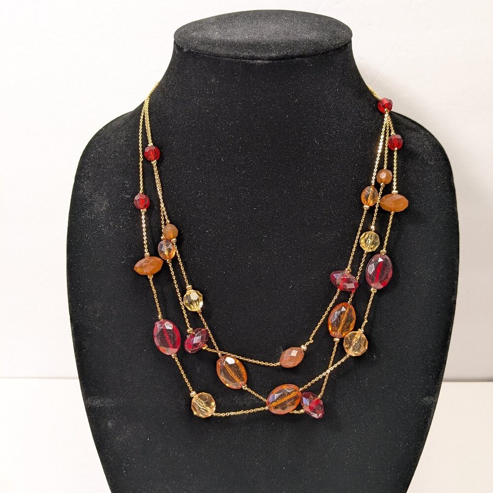 Avon Three Strand Faceted Plastic Bead Gold Tone Necklace Statement Red Orange